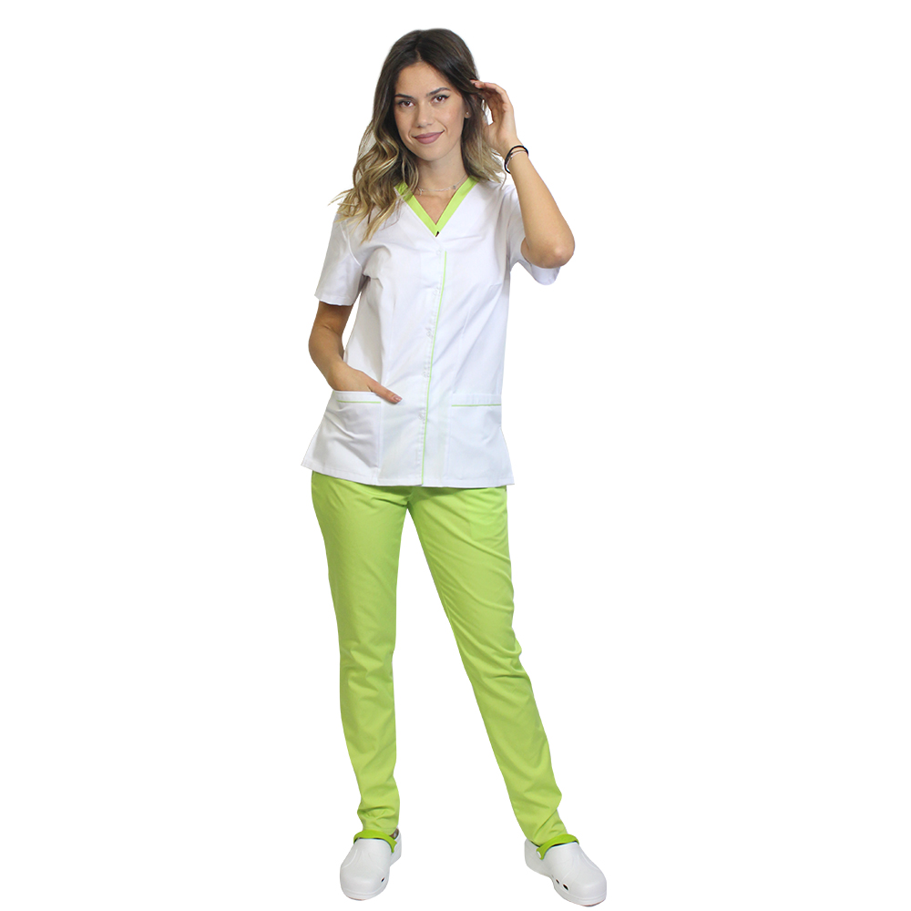 Costum medical cu elastan format din bluza alb cu paspol lime si pantaloni lime cu elastic 2
